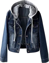 GREENTEA (グリーンティー) デニム ジャケット ジージャン フード付き レディース Gジャン 羽織り アウター 上着 秋 カジュアル( ネイビー,  XL)