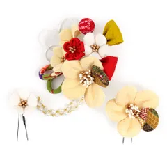 髪飾り 成人式 水引 つまみ細工 赤 振袖 前撮り 袴 花 2点セット クリーム色 生成り 白 ちりめん 組紐 玉飾り パール ビーズ No.12-0440