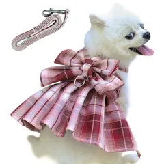 新品 AmzBarley 犬 ハーネス 猫 ハーネス リード 袖なしドレス メッシュ 通気性 犬服 チェック柄 蝶結び 可愛い コスチューム おしゃれ リボン 胸あて式 引っ張り防止 牽引ロープ 小型犬 中型犬 猫用 簡単脱着 お散歩 お出かけ 室内 記念撮影