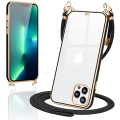 iPhone13 Pro ケース ショルダー クリア いphone13プロ スマホケース カバー 肩掛け 首掛け 斜めかけケース 可愛い かわいい 韓国 透明 TPU 薄型 耐衝撃 シリコン アイフォン13pro(ブラック)