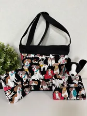 【裁縫ストア・ボヌール】大人かわいい　犬柄　コーイケルホンディエ　ブラック　トートバッグ　ミニポーチ　エチケットポーチ　ショルダーバッグ　ワンハンドル  ポケットいっぱい　犬の散歩バッグ　ハンドメイド/ №500-452