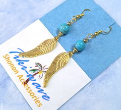 ファッションピアス  ゴールドカラー ウイング &   ブルーターコイズ A-378