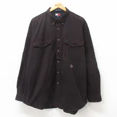 XL/古着 トミーヒルフィガー 長袖 ブランド シャツ メンズ 90s ワンポイントロゴ 大きいサイズ コットン ボタンダウン 黒系 ブラック 25may