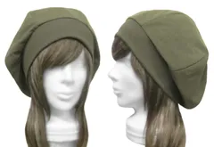 ◇送料無料◇ ハンドメイド◆リブ付ベレー帽◆ジャガード織コットンニット／杢オリーブ ◇ゆったりサイズ・小顔効果・長いシーズン着用◇