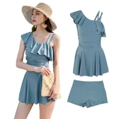 [Winsuteki] 水着 レディース 2点セット ワンピース ショートパンツ ワンショルダー フリル ハイウエスト 体型カバー スイムウェア 温泉水着