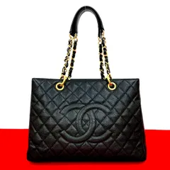 極 美品 シール有 16番台 CHANEL シャネル マトラッセ ココマーク キャビアスキン レザー チェーン トートバッグ ブラック 20910