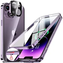 NIANGUO【ロック機能付き・自動ポップアップボタン】 iPhone14 用 ケース クリア 【両面強化ガラス】 9H硬度 【一体型レンズ保護】 アイフォン14 カバー アルミバンパーケース メタルフレーム 耐衝撃 傷防止 高感度タッチ 薄型 軽量 ワイ 1