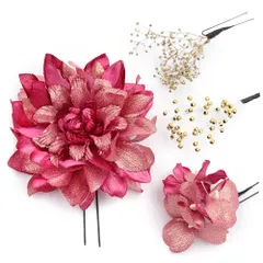 髪飾り 成人式 花 振袖 前撮り 袴 花 ラメ キラキラ ピンク マゼンタ ゴールド 4点セット カスミソウ 水引 ビーズ 小さい 大き No.12-0975