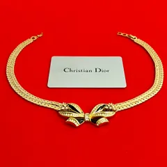 極 美品 Christian Dior クリスチャンディオール リボン モチーフ ラインストーン GP チョーカー ネックレス アクセサリー ゴールド 1190h