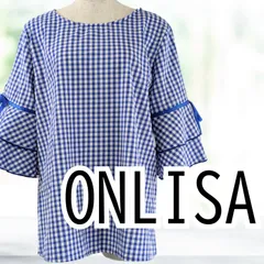 【未着用】 ONRISA ギンガムチェックブラウス 袖フリルリボン ホワイト＆ブルー Ｌサイズ タグ付き レディース オンリサ