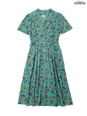 古着 NIGHTINGALES LTD イングランド製 リボン 前開き 花柄 コットン ロング丈 半袖 ワンピース 緑 (otu2507049)