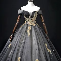 ブラックにゴールドでカッコイイ 花柄のオフショルロングドレス