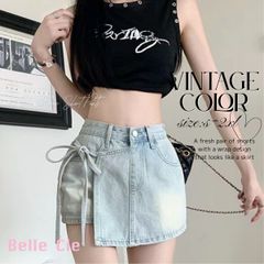 ショートパンツ ボトムス デニムパンツ スカート見え アシメ 夏 レディース 韓国ファッション サイドリボン ユーズド感 ビンテージ感 スカパン