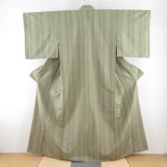 紬 着物 縞に絣模様 カーキ色x多色 正絹 袷 広衿 カジュアル 仕立て上がり着物 身丈158cm