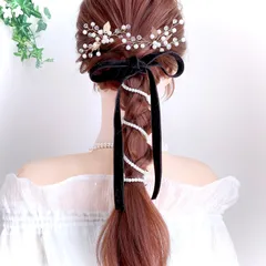 パール＆ベロアリボン ポニーフック 結婚式 ヘアアクセサリー