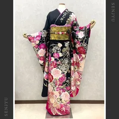 来年に向けて今から準備を❗️振袖セット☆だらり風が素敵❤️漆黒の振袖に緋色の長襦袢 来年に向けて今から準備を❗️振袖セット☆だらり風が素敵