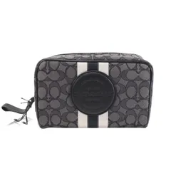 コーチ COACH デンプシー ボクシー コスメティック ケース 20 シグネチャー ジャカード ウィズ ストライプ アンド コーチ パッチ キャンバス / レザー C9119 化粧ポーチ ブラック / ホワイト 正規品 美品 中古 mbi15006