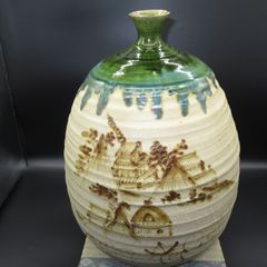 ★陶器 美濃焼 白山窯 織部釉 細首 花器 花生 花瓶 飾壺 鑑賞壺