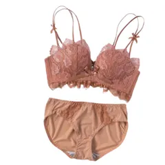 [karim] ノンワイヤーブラ ショーツ セット ブラジャー 盛れる 脇高 ブラ レディース 下着 インナー 上下セット 大人可愛い セクシー ランジェリー 小胸 谷間 おしゃれ レース (キャメル, S（32/70A [キャメル] [S（32/70AB）]