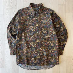 Simple Life ダークブラウン エジプト柄 長袖トップス シャツ 柄シャツ 総柄 派手 レトロ コットン100%