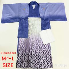 紋付袴 5点セット 着物 羽織 袴 長襦袢 角帯 裄70cm 袴丈86cm M〜L 紫 グレー 五つ紋 中古 4519
