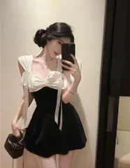 大人気??フレアミニワンピース ワンポイント リボン　パーティー　バイカラー