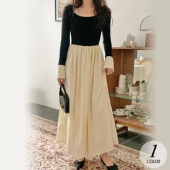 ワンピース ロング ドッキングフレアスリーブワンピース 異素材 ドッキング フレア ワンピース 長袖 バイカラー ロング ミモレ クラシカル ガーリー フェミニン きれいめ 上品 秋冬 無地 レディース 韓国ファッションprowow01