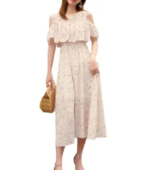 [Four leaf] 肩出しワンピース 小花柄 清楚ワンピ 涼感ドレス 軽やか素材 リゾートコーデ 夏デート服 ウエストゴム仕様 Aライン ビーチリゾート ミモレ丈 (JP, アルファベット, XL, ピンク) [ピンク] [XL]