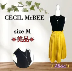 【極美品】CECIL McBEE セシルマクビー size M スリーブレスワンピース ウエストゴム ウエストフリル ドッキングワンピース ノースリーブ ブラック イエロー アクセ映え デート 華やか