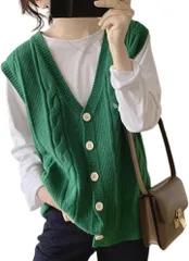 J.STORE ケーブル編み ニット ベスト カジュアル ゆったり きれいめ トップス 通学 Vネック(グリーン,  L)