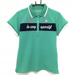 【美品】ルコックゴルフ 半袖ポロシャツ グリーン×ネイビー ロゴピンク 胸元プリント レディース LL ゴルフウェア le coq sportif