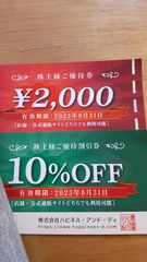 ハピネスアンドデイ　株主優待券　2000円分＋10%off券