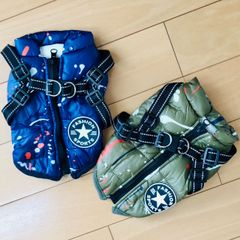 新品  犬服  ペイント柄 裏ボアダウン風ベスト バックファスナー ハーネス付