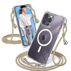 iPhone 14 Pro Max ケース クリア ショルダー MagSafe対応 耐衝撃 iPhone14ProMax スマホケース マグセーフ対応 透明 織りストラップ付き アイフォン14 Pro Max カバー 肩がけ 首掛け 紐付き 縄掛け シング 0