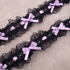 【輸入レース】リボン付きフリルレース　ラベンダー/ブラック