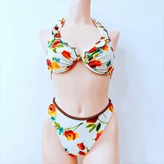 ●SE3E95☆ワイヤービキニ 日本製 フリル* ホルターネック 花柄 Mサイズ■