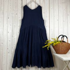 新品 スカラップ刺繍 ワンピース ノースリーブ コットン ネイビー フリー