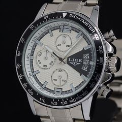 新品]LIGE社製 クロノグラフ ダイバーズ 腕時計シルバー銀ビジネスR 