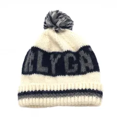 【美品】パーリーゲイツ ニット帽 アイボリー×ネイビー×グレー ボンボン付き ロゴ FR  ゴルフウェア PEARLY GATES