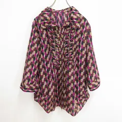 #a レリアン Leilian 七分袖 ブラウス シャツ 17号 紫系 マルチ 総柄 大きいサイズ フリル スキッパーカラー 日本製 936905 k01