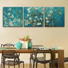 【新品・未使用】 ファブリックパネル 3枚 *2絵画 インテリア ファブリック 絵 「アーモンドの花樹」 40×40cm壁掛け アートパネル