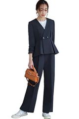 ネイビー(NE)_LL [ルイ ルエ ブティック] タック ペプラム ノーカラー ジャケット ワンタック パンツ スーツ レディース ミセス ママ パンツスーツ フォーマル カジュアル 大きいサイズ 式 セレモニー 会社 ビジネス オフィス 通勤 通勤 LL(