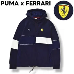 プーマ PUMA x フェラーリ FERRARI ダブルネーム ロゴ 刺繍 x ワッペン ジップ パーカー スウェット トレーナー フーディー 裏地 メッシュ M ネイビーxホワイト モーター スポーツ カジュアル メンズ