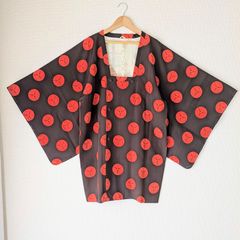 Japanese Haori dress Michiyuki coat Dark Brown,Orange Polka dot pattern Silk Kimono Jacket 羽織 正絹 道行コート こげ茶 橙 水玉模様 一点物 大正浪漫 和洋折衷