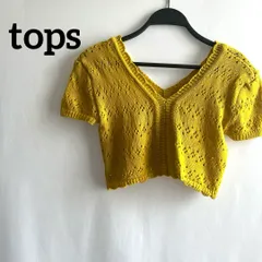 トップス　ニット　編み物　黄色　イエロー　Vネック　ボリューム袖　半袖　シンプル