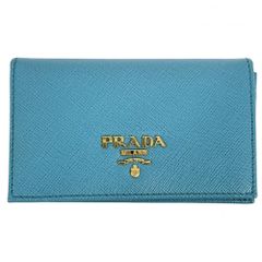 プラダ カードケース レディース サフィアーノ 名刺入れ 小物 ロゴ PRADA レザー    ブルー 青 ゴールド金具【中古品】