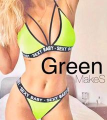 B22bグリーン セクシーランジェリ ブラTショーツ上下セット 水着風 エロ下着