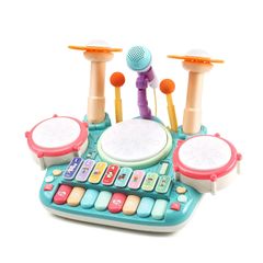 [Limited Quantity] Drum Mode, Piano Mode, 4 Types of Keyboard Instruments, with Microphone, Kids Toy, Light Effects, Piano, Drum Set, Multifunctional 5-in-1 Play, Educational Toy, Musical Instrument, Stone, Birthday Present, Cute