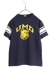 【お得なクーポン配布中!】 80s USA製 チャンピオン カレッジ プリント フットボール Tシャツ キッズ L レディース S / ヴィンテージ Champion マスコット イラスト 紺