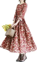 newNE ニューネ 総柄 マキシ丈 ワンピース ロング フレア ウエストゴム ゆったり 花柄 柄ロングワンピ ロングチュニック レトロ ナチュラル(レッド,  XL)